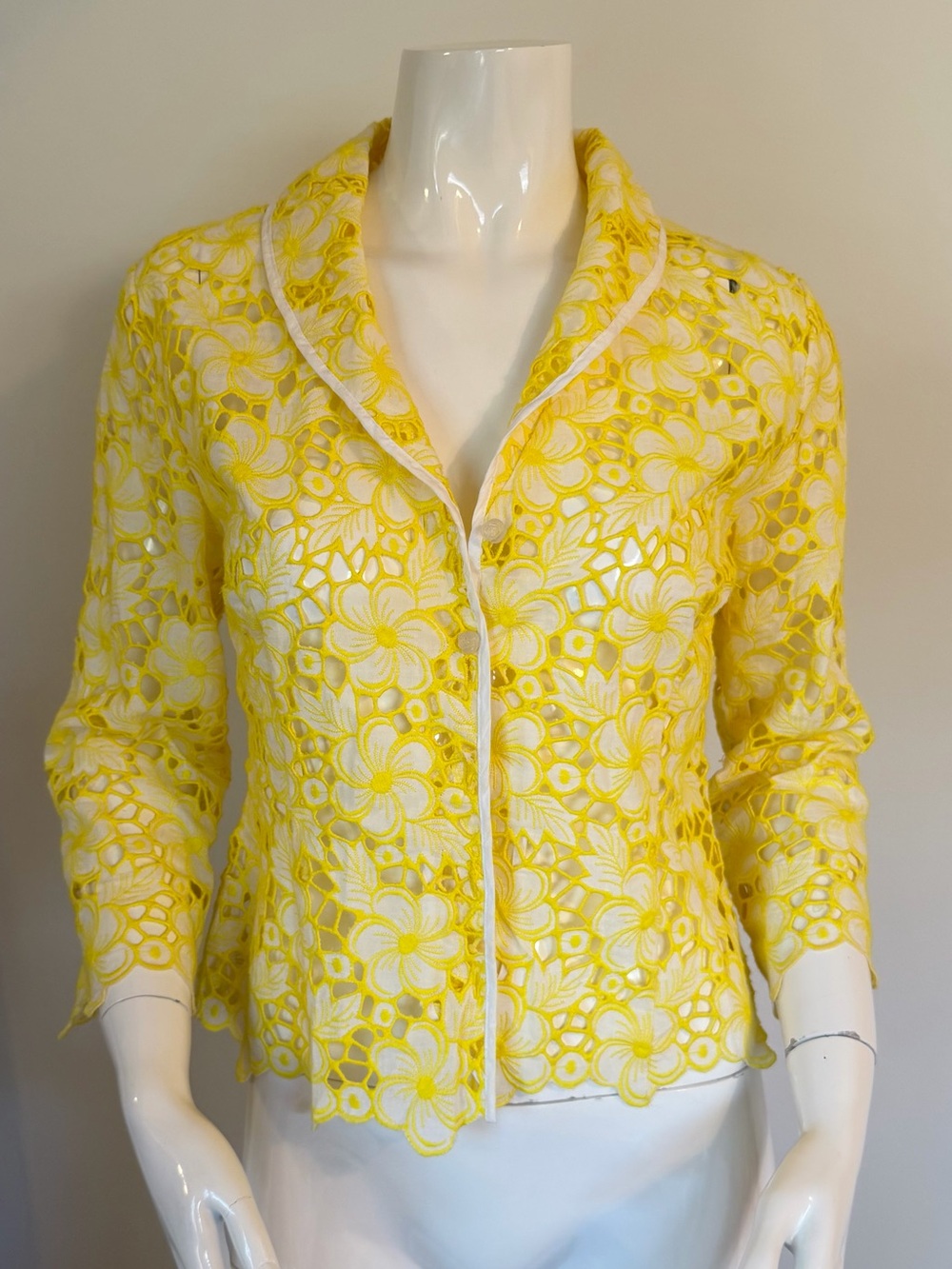 90s Vintage White Label Lilly Pulitzer Sunny Yellow Floral Eyelet Jacket Size 8